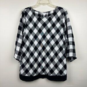 J. Jill Love Linen Women's Black Buffalo Check 100% Linen 3/4 Sleeve Top Size XL